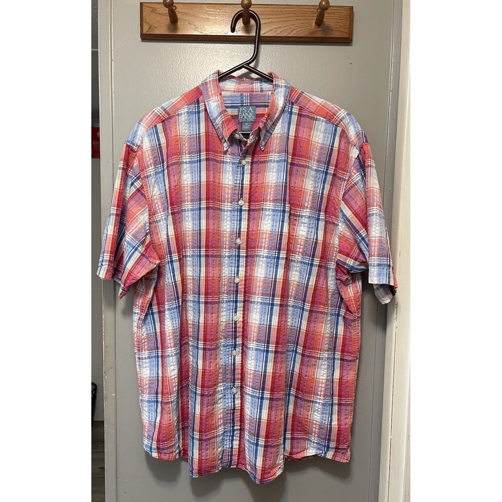 Jos A Bank Stays Cool Colorful Plaid Seersucker Men's SS Button Down Shirt 2XL
